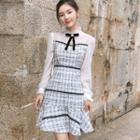 Long-sleeve Mesh Panel Mini A-line Tweed Dress