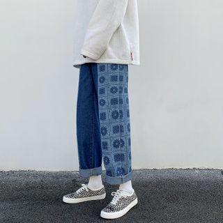 Print Panel Straight Leg Jeans