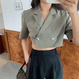 V-neck Elbow-sleeve Cropped Blouse / High-waist Wide-leg Shorts