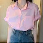Elbow-sleeve Plain Shirt Light Pink - One Size