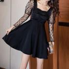 Puff-sleeve Dot Mesh Panel Square-neck A-line Dress