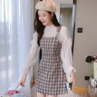 Set: Long-sleeve Lace Blouse + Spaghetti Strap Plaid Mini A-line Dress