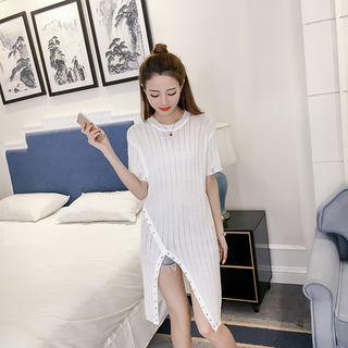 Studded Open Knit Short Sleeve Long Sweater