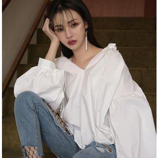 Balloon-sleeve V-neck Blouse As Shown In Figure - One Size