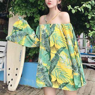 Printed Off Shoulder Long-sleeve A-line Dress