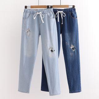 Cartoon Cat Embroidered Tapered Jeans