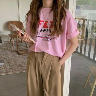 3/4 Sleeve Print T-shirt/ High-waist Straight Leg Pants