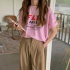 3/4 Sleeve Print T-shirt/ High-waist Straight Leg Pants