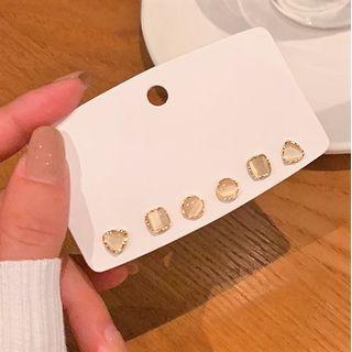 Set Of 3: Sterling Silver Cat Eye Stone Stud Earring Set - 925 Silver Stud - Gold - One Size
