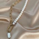 Faux Gemstone Pendant Faux Pearl Alloy Necklace White & Gold - One Size