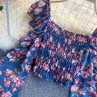 Long-sleeve Floral Print Shirred Blouse