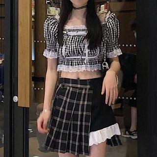 Off-shoulder Gingham Lace Trim Blouse / Plaid Panel Skort