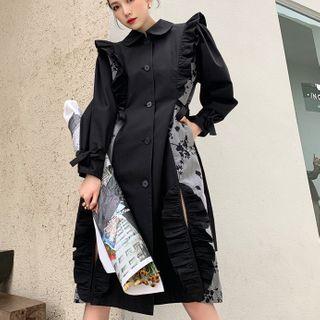 Color-block Ruffled-trim Long-sleeve Coat
