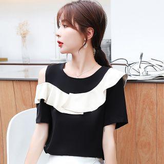 Off-shoulder Short-sleeve Ruffle Trim Color Block Chiffon Blouse