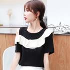 Off-shoulder Short-sleeve Ruffle Trim Color Block Chiffon Blouse
