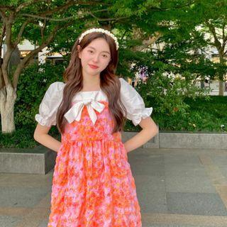 Puff-sleeve Shirt / Print Midi A-line Overall Dress