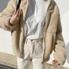 High-neck Furry Jacket Beige - One Size