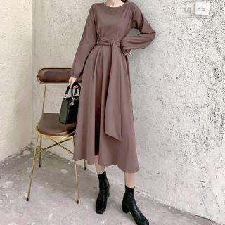 Long Sleeve Tie-waist Plain A-line Dress