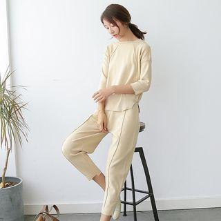 Set: Plain 3/4-sleeve Knit Top + Pants