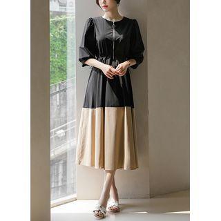 Drawstring Zip-up Two-tone Long Dress Black - One Size