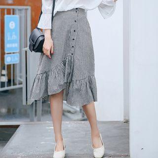 Ruffle Hem Gingham Asymmetric Midi Skirt