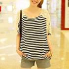 Lace Panel Short-sleeve Striped T-shirt