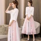 Set: Embroidered 3/4-sleeve Qipao Top + Maxi A-line Skirt