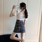 Puff-sleeve Ruffled Buttoned Top / Patterned A-line Mini Skirt