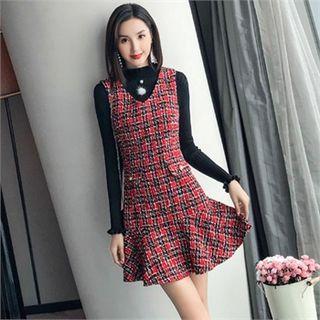 Set: Plaid Tweed Pinafore Dress + Frilled Knit Top