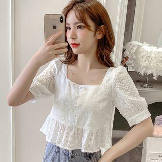 Elbow-sleeve Cropped Eyelet Peplum Blouse
