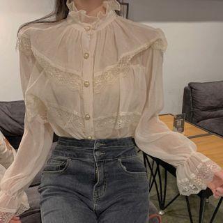 Stand-collar Ruffle Long-sleeve Shirt Almond - One Size