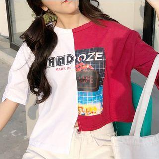 Elbow-sleeve Asymmetric Printed T-shirt