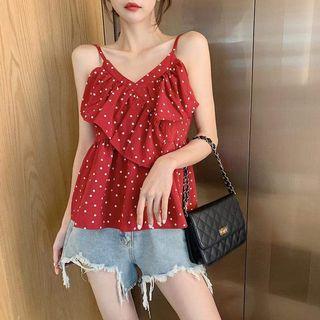 Spaghetti-strap Polka Dot Ruffled Dress