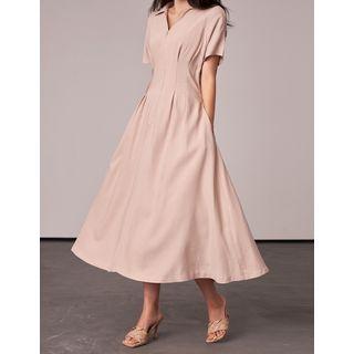 Zipped Pintuck Long Flare Dress