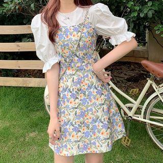 Floral Spaghetti Strap Mini A-line Dress / Plain Puff-sleeve Blouse