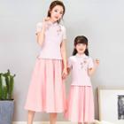 Family Matching Set: Flower Print Short-sleeve Hanfu Top + Midi A-line Skirt
