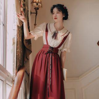 Set: Puff-sleeve Blouse + Lace-up Midi Jumper Skirt