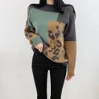 Leopard Print Panel Color Block Sweater