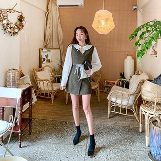 Set: Tie-front Blouse + Herringbone Vest + Wrap Miniskirt Brown - One Size