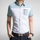Short-sleeve Gingham Trim Color-block Shirt