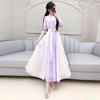 Short-sleeve Paneled A-line Midi Dress Purple & Beige - S