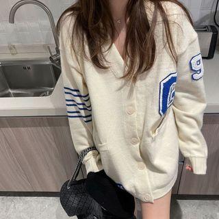 Letter Embroidered Cardigan Milky White - One Size