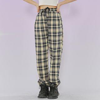 High-waist Plaid Cuffed Pants