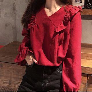 V-neck Ruffled Bell-sleeve Top