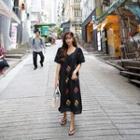 Lace-trim Flower-embroidered Long Dress