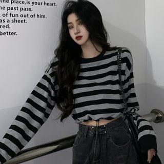 Long-sleeve Striped Drawstring-hem Cropped T-shirt