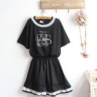 Short-sleeve Print T-shirt / Midi A-line Skirt / Set