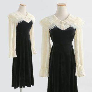 Set: Bell-sleeve Collared Blouse + Midi A-line Overall Dress