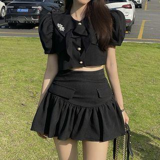Puff-sleeve Faux Pearl Blouse / A-line Skirt