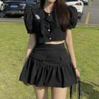 Puff-sleeve Faux Pearl Blouse / A-line Skirt